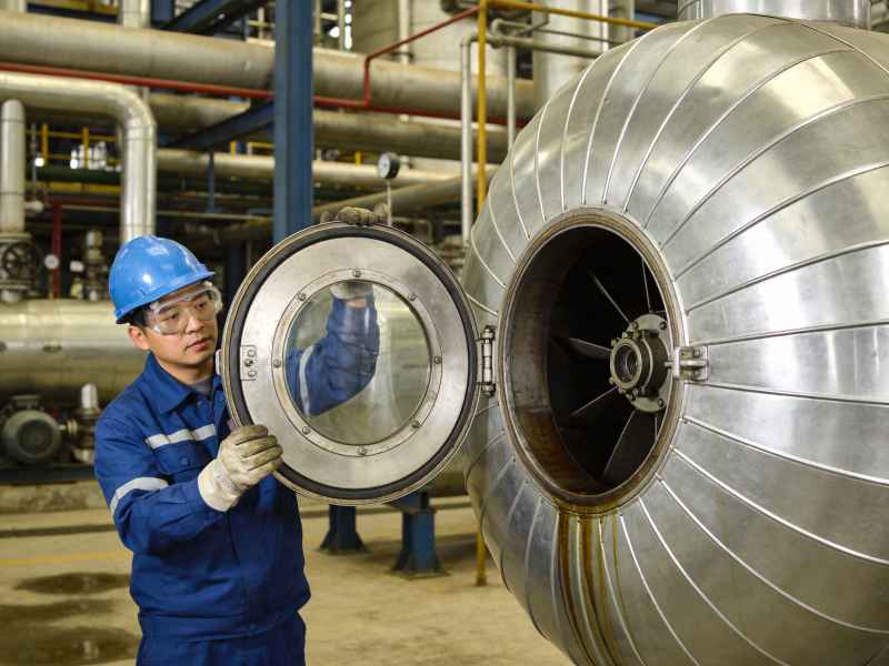jimeng-2026-02-06-2651-生成一名维护工人正在化工厂的大型风机旁打开它的后盖进行维护。真实还原不扭曲，8k....jpg